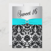 Aqua, Silver en Black Damask Sweet 16 Uitnodiging (Voorkant)