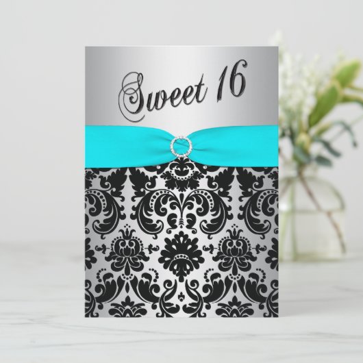 Aqua, Silver en Black Damask Sweet 16 Uitnodiging (Staand voorkant)