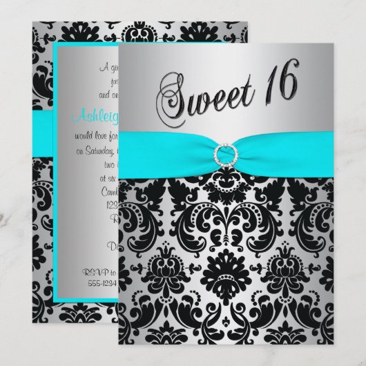 Aqua, Silver en Black Damask Sweet 16 Uitnodiging (Voorkant / Achterkant)