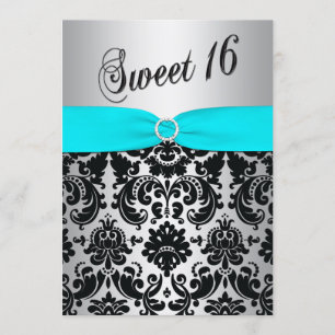 Aqua, Silver en Black Damask Sweet 16 Uitnodiging
