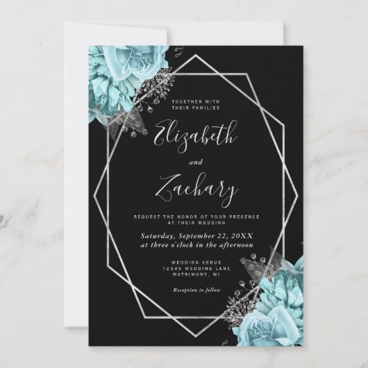 Aqua Silver Floral Black QR Code Wedding Kaart (Voorkant)