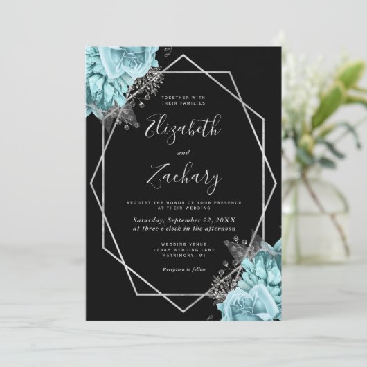Aqua Silver Floral Black QR Code Wedding Kaart (Staand voorkant)