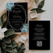 Aqua Silver Floral Black QR Code Wedding Kaart
