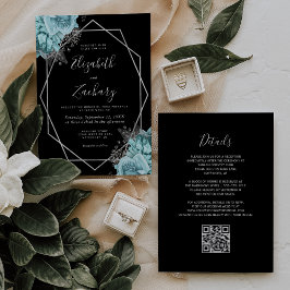 Aqua Silver Floral Black QR Code Wedding Kaart
