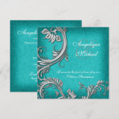 Aqua Silver Floral bruiloft verloving Kaart (Voorkant / Achterkant)