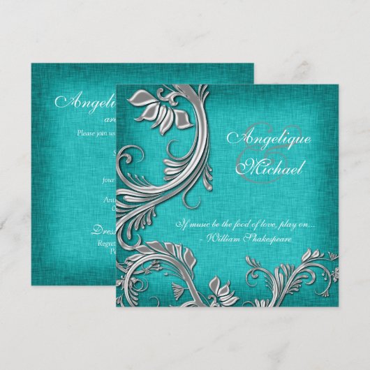 Aqua Silver Floral bruiloft verloving Kaart (Voorkant / Achterkant)