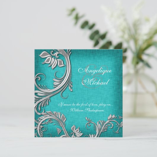 Aqua Silver Floral bruiloft verloving Kaart (Staand voorkant)