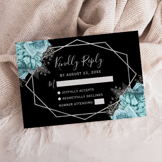 Aqua Silver Floral Geometric Black RSVP Kaartje