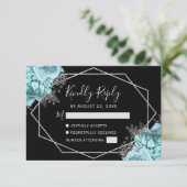Aqua Silver Floral Geometric Black RSVP Kaartje (Staand voorkant)