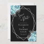 Aqua Silver Floral Geometric Black Save the Date (Voorkant)