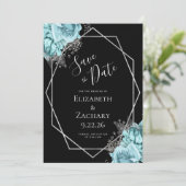 Aqua Silver Floral Geometric Black Save the Date (Staand voorkant)