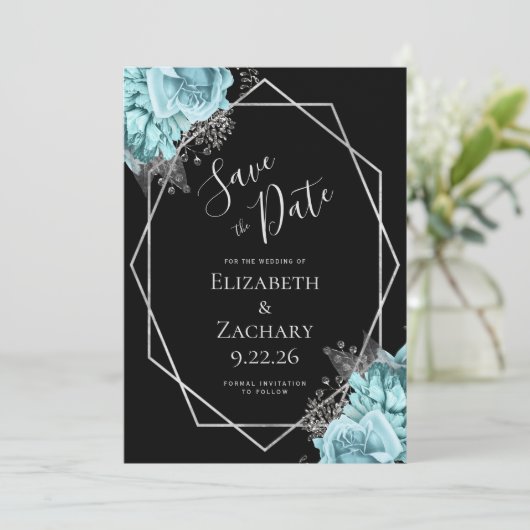 Aqua Silver Floral Geometric Black Save the Date (Staand voorkant)