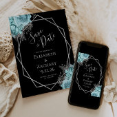 Aqua Silver Floral Geometric Black Save the Date