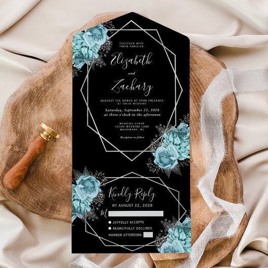 Aqua Silver Floral Geometric Black Wedding All In One Uitnodiging