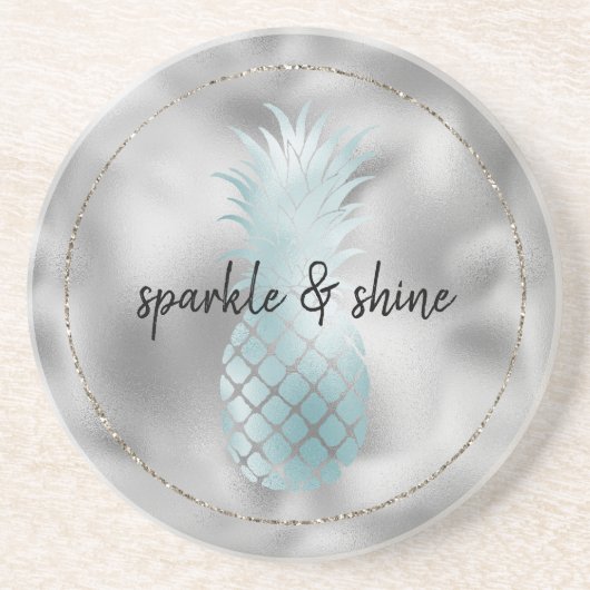 Aqua Silver Glam Glitz Ananas Zandsteen Onderzetter (Voorkant)