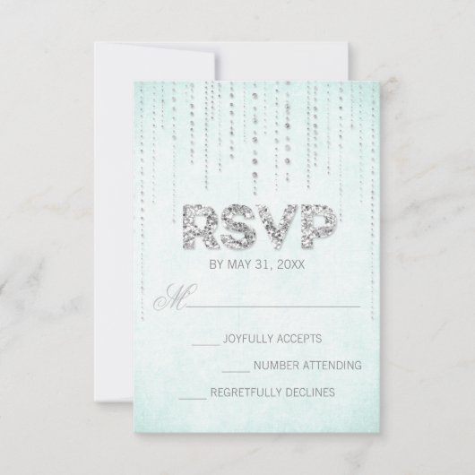 Aqua & Silver Glitter Blik Weddenschap RSVP-kaart RSVP Kaartje (Voorkant)