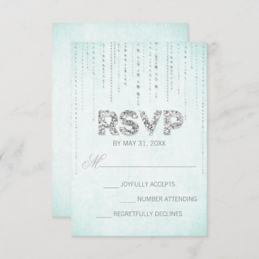 Aqua & Silver Glitter Blik Weddenschap RSVP-kaart RSVP Kaartje (Voorkant / Achterkant)