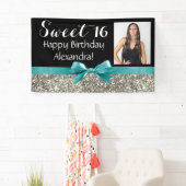 Aqua Silver Glitter Foto Sweet 16 Birthday Party Spandoek (Insitu)