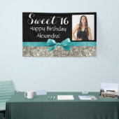 Aqua Silver Glitter Foto Sweet 16 Birthday Party Spandoek (Beurs)