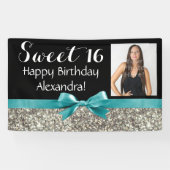 Aqua Silver Glitter Foto Sweet 16 Birthday Party Spandoek (Horizontaal)
