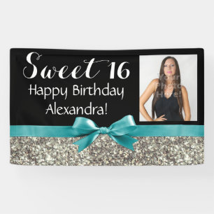 Aqua Silver Glitter Foto Sweet 16 Birthday Party Spandoek