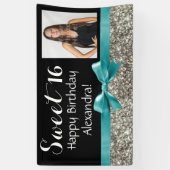 Aqua Silver Glitter Foto Sweet 16 Birthday Party Spandoek (Verticaal)
