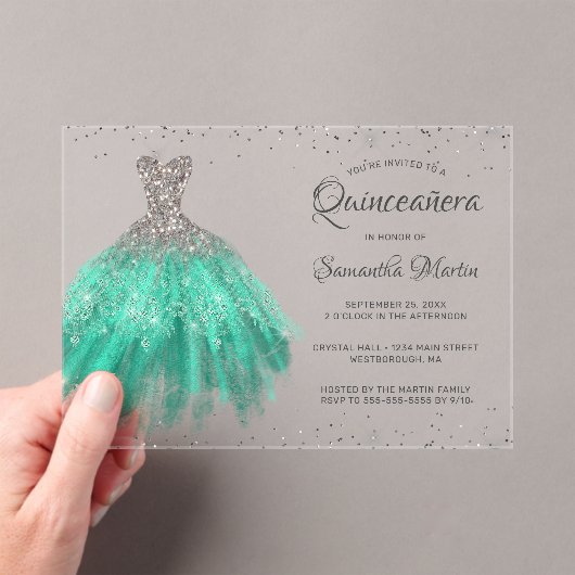 Aqua Silver Glitter Jurk Script Quinceañera Party Acryl Uitnodigingen (Insitu (Draagbaar))
