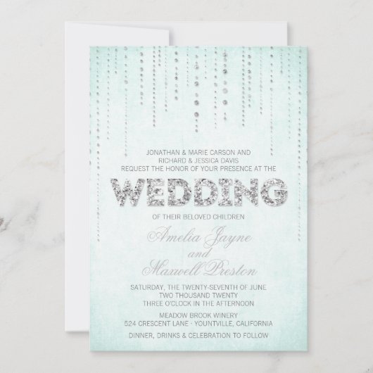 Aqua & Silver Glitter Watch Wedding Invitation Kaart (Voorkant)