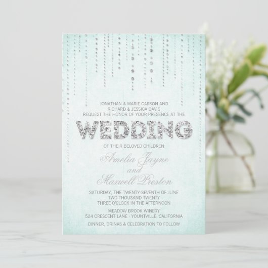 Aqua & Silver Glitter Watch Wedding Invitation Kaart (Staand voorkant)
