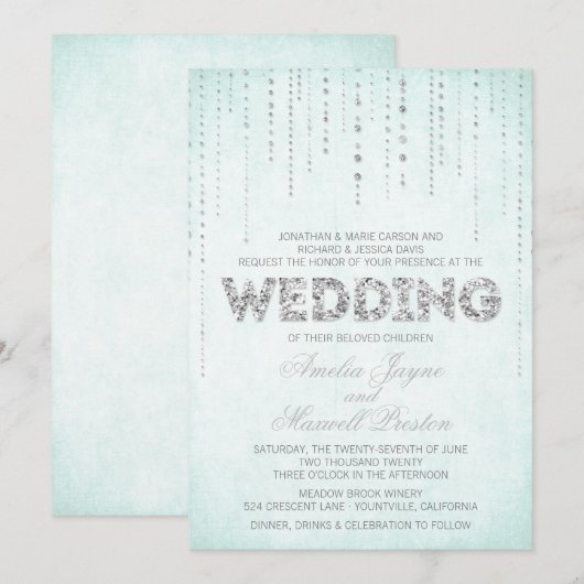 Aqua & Silver Glitter Watch Wedding Invitation Kaart (Voorkant / Achterkant)