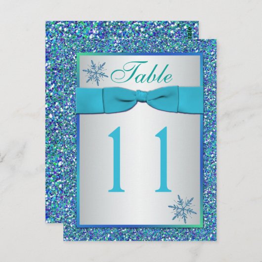 Aqua Silver Green Snowflakes Tafelnummer Kaart (Voorkant / Achterkant)