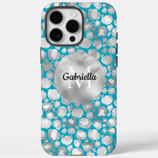 Aqua Silver Leopard Animal Print Monogram Case-Mate iPhone Case (Achterkant)