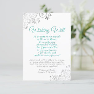 Aqua & Silver op White Wedding Wishing Well Poem Informatiekaartje