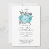 Aqua & Silver Shabby Rozen Heilige Communie Kaart (Voorkant)