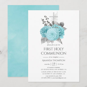 Aqua & Silver Shabby Rozen Heilige Communie Kaart