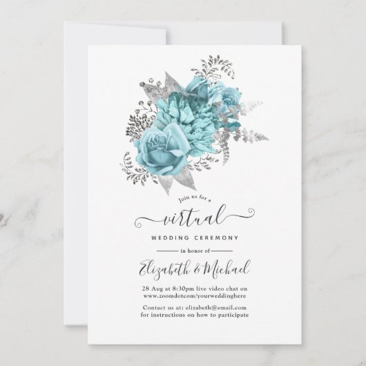 Aqua & Silver  Shabby Rozen Virtual Wedding Kaart (Voorkant)