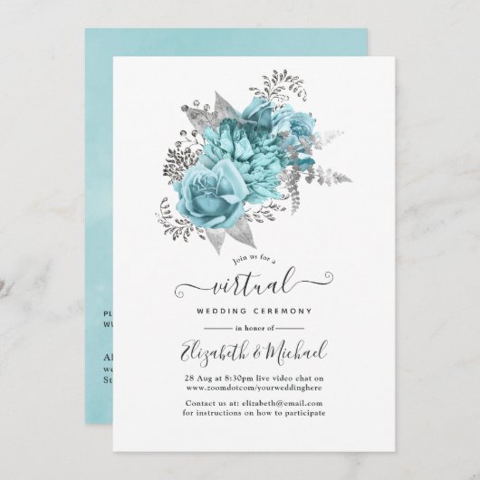Aqua & Silver  Shabby Rozen Virtual Wedding Kaart (Voorkant / Achterkant)