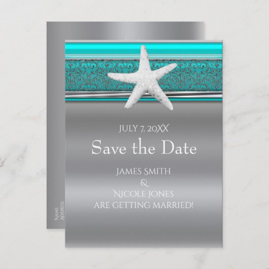 Aqua & Silver Starfish Beach Save the Date Aankondigingskaart (Voorkant / Achterkant)