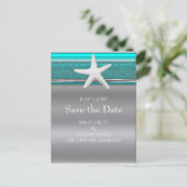 Aqua & Silver Starfish Beach Save the Date Aankondigingskaart (Staand voorkant)