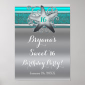 Aqua & Silver Starfish Beach Sweet 16-banner Poster (Voorkant)