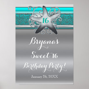 Aqua & Silver Starfish Beach Sweet 16-banner Poster