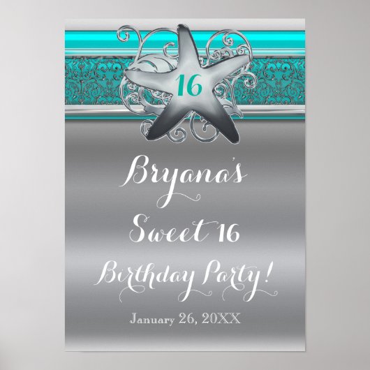 Aqua & Silver Starfish Beach Sweet 16-banner Poster (Voorkant)