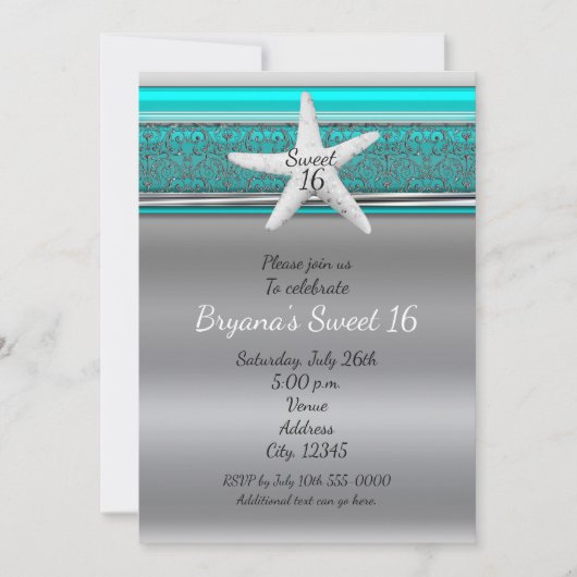 Aqua & Silver Starfish Beach Sweet 16-uitnodiginge Kaart (Voorkant)