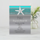 Aqua & Silver Starfish Beach Sweet 16-uitnodiginge Kaart (Staand voorkant)