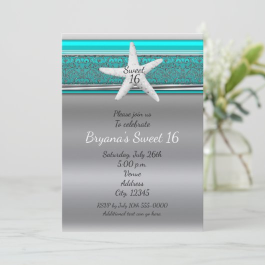 Aqua & Silver Starfish Beach Sweet 16-uitnodiginge Kaart (Staand voorkant)