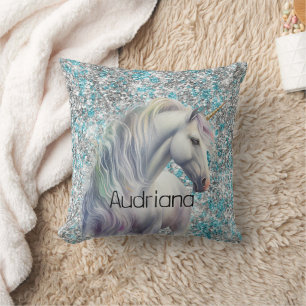 Aqua Silver Unicorn Glitter Sparkle Kussen