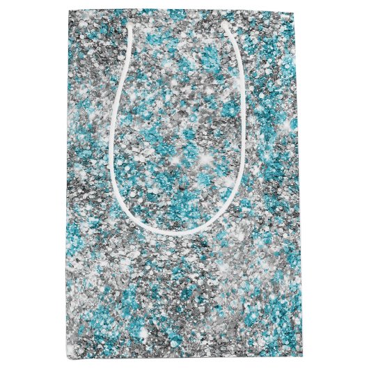 Aqua Silver Unicorn Glitter Sparkle Medium Cadeauzakje (Voorkant)