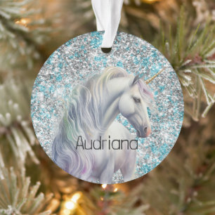 Aqua Silver Unicorn Glitter Sparkle Ornament