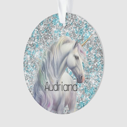 Aqua Silver Unicorn Glitter Sparkle Ornament (voorkant)