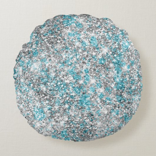 Aqua Silver Unicorn Glitter Sparkle Rond Kussen (Voorkant)